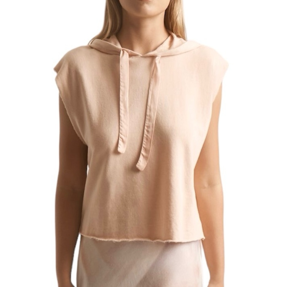 New Lanston Cropped Raw Hem Sleeveless Hoodie Cut Off Sweatshirt Blush Pink XS